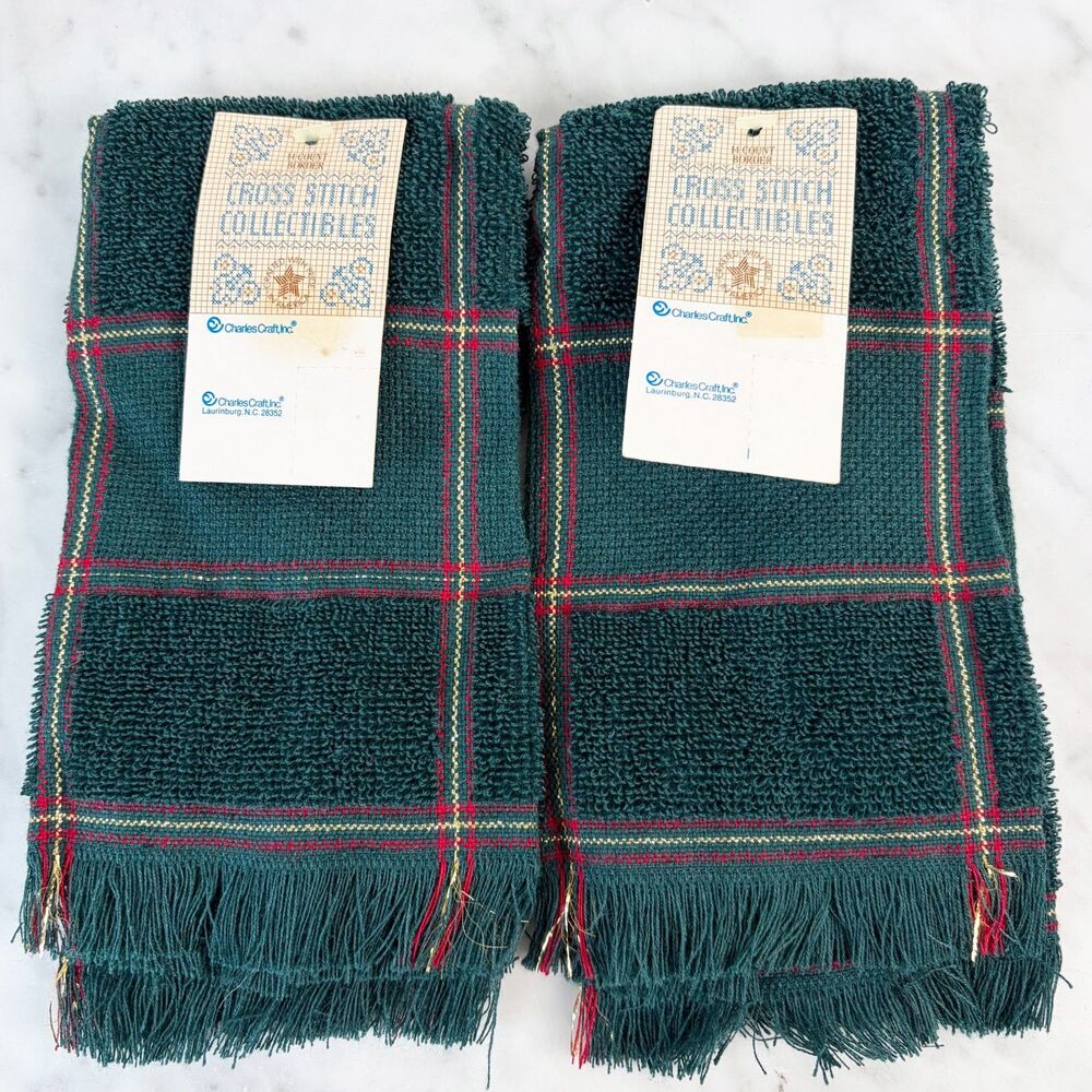 Vintage Charles Craft Cross Stitch Towels 2 Green Plaid 14 Count Border NOS